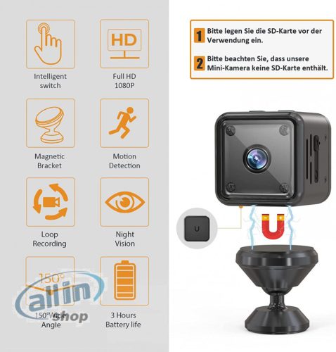 Mini megfigyelő kamera, 1080P HD Hosszú akkumulátor üzemidő,Videohívás,IR éjszakai látás