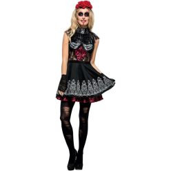   Smiffys Fever Day of the Dead női jelmez – ruhával, alsószoknyával és rózsás fejdísszel