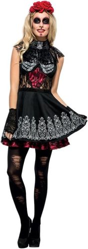 Smiffys Fever Day of the Dead női jelmez – ruhával, alsószoknyával és rózsás fejdísszel