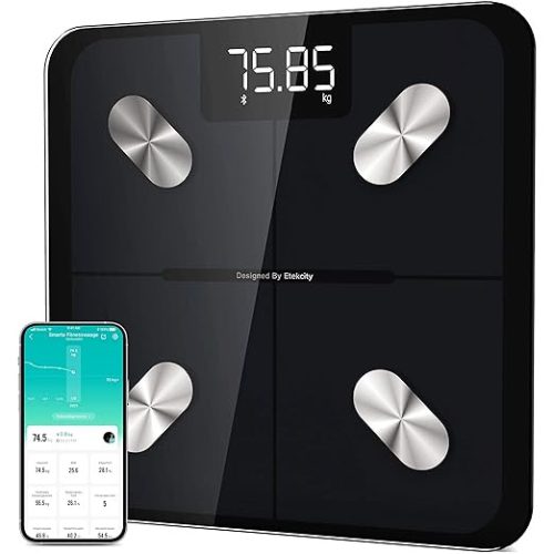 Etekcity digitális személymérleg – Bluetooth okosmérleg, testzsír- és izomtömeg-mérés, 180 kg kapacitás, app-kompatibilis, fekete, 