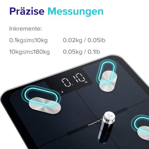 Etekcity digitális személymérleg – Bluetooth okosmérleg, testzsír- és izomtömeg-mérés, 180 kg kapacitás, app-kompatibilis, fekete, 
