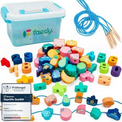   Faerly® 60 darabos Montessori Fűzőjáték – Fa Motorikus Fejlesztő Játék Gyerekeknek 2–6 Év