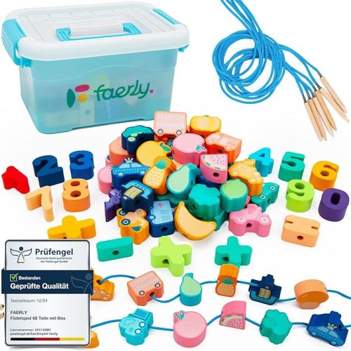 Faerly® 60 darabos Montessori Fűzőjáték – Fa Motorikus Fejlesztő Játék Gyerekeknek 2–6 Év
