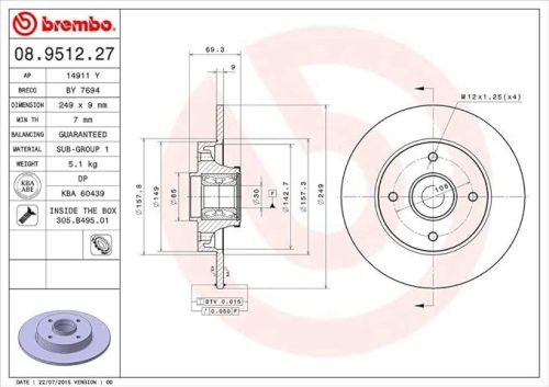 Brembo 08.9512.27 – Hátsó féktárcsa beépített csapággyal, 1 db