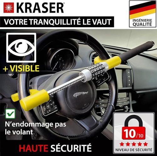 KRASER KR940B robusztus volánzár – sárga kiemeléssel, 5 jegyű kombinációs kóddal, vész‑kés törőkalapáccsal