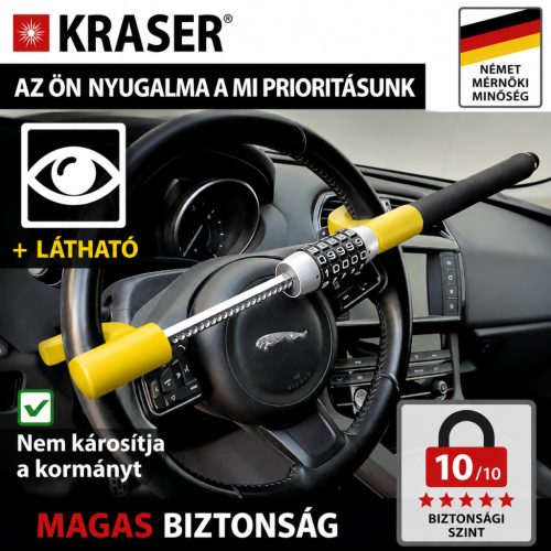 KRASER KR940B robusztus volánzár – sárga kiemeléssel, 5 jegyű kombinációs kóddal, vész‑kés törőkalapáccsal