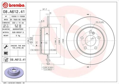Brembo 08.A612.41 UV-bevonatos féktárcsa-szett (2 db) – hátsó tengely, Ø 300 mm