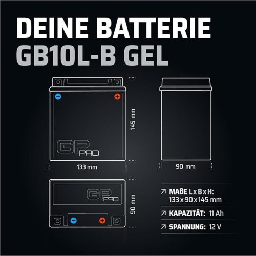 GP-PRO GB10L-B 12V 11Ah zselés motorakkumulátor – karbantartásmentes, zárt kivitel (kompatibilis: YB10L-B / YB10L-B2)