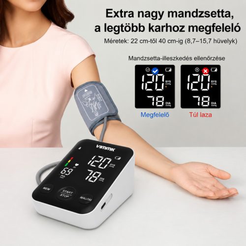 Vimmk digitális felkaros vérnyomásmérő – LED kijelző, pulzus- és ritmuszavar-észlelés, 2×120 memória, 22–40 cm-es mandzsetta