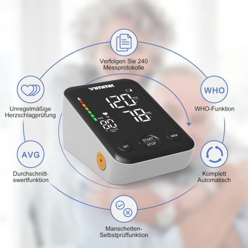 Vimmk digitális felkaros vérnyomásmérő – LED kijelző, pulzus- és ritmuszavar-észlelés, 2×120 memória, 22–40 cm-es mandzsetta