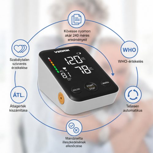 Vimmk digitális felkaros vérnyomásmérő – LED kijelző, pulzus- és ritmuszavar-észlelés, 2×120 memória, 22–40 cm-es mandzsetta