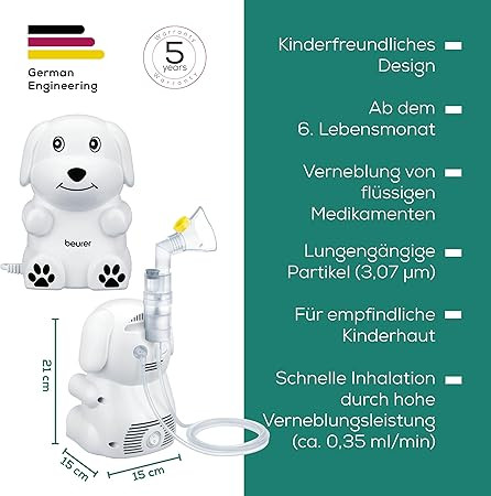 Beurer IH 24 Kids gyermek inhalátor – folyékony gyógyszerek porlasztásához, gyerekbarát design, 6 hónapos kortól, nagy teljesítményű porlasztás és gyors inhaláció, érzékeny bőrre való szilikon maszkkal