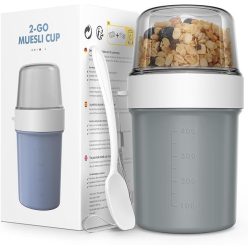   JSCORES Gabonapehely és Joghurtos Pohár Kanállal – 560 ml + 310 ml – Szivárgásmentes, Útravaló Snackpohár (Morandi szürke)