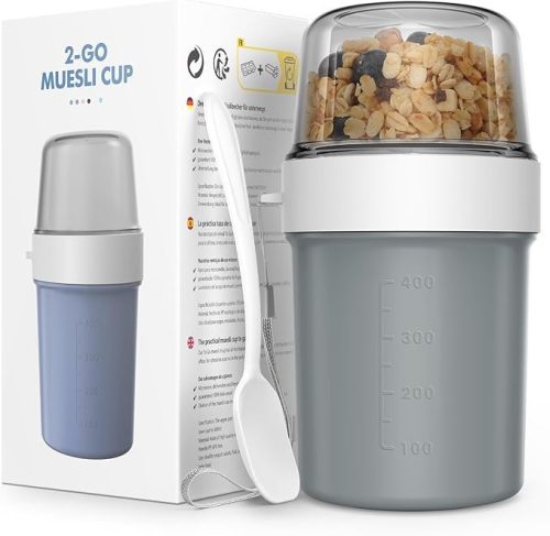 JSCORES Gabonapehely és Joghurtos Pohár Kanállal – 560 ml + 310 ml – Szivárgásmentes, Útravaló Snackpohár (Morandi szürke)