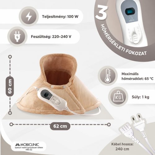 Mobiclinic Elektromos Nyak- és Vállmelegítő Párna – 100 W, 62 × 60 cm