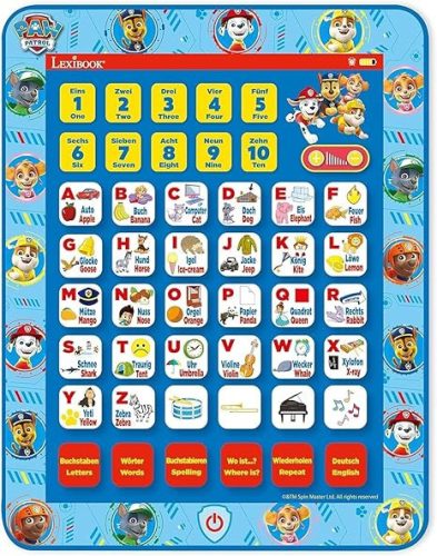 Lexibook Paw Patrol kétnyelvű interaktív tanuló tablet gyerekeknek – angol és német nyelv, betűk, számok, szavak, játékos oktatás