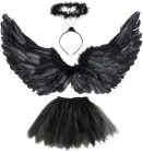 Sunshine Smile – Fekete angyal jelmez szett (3‑részes): 80 cm angyalszárny, 70–110 cm tüllszoknya, fekete glam stílus