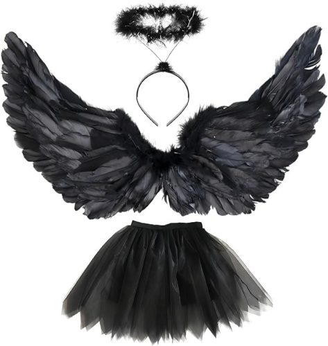 Sunshine Smile – Fekete angyal jelmez szett (3‑részes): 80 cm angyalszárny, 70–110 cm tüllszoknya, fekete glam stílus