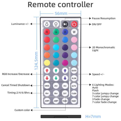 OUSFOT RGB LED szalag 5 méter, szabályozható 20 szín és 6 üzemmód távirányítóval 44 gombos LED szalag 12 V