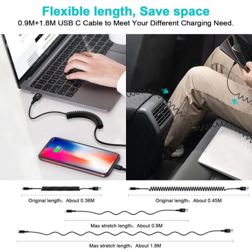 Android autós C típusú tekercskábel [0,9M+1,8M] USB A–USB C gyorstöltő kábel 