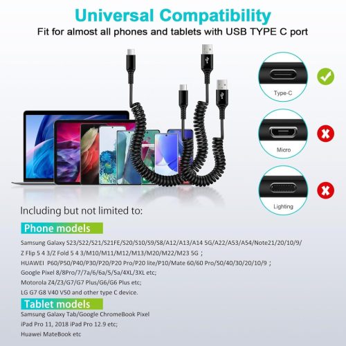 Android autós C típusú tekercskábel [0,9M+1,8M] USB A–USB C gyorstöltő kábel 