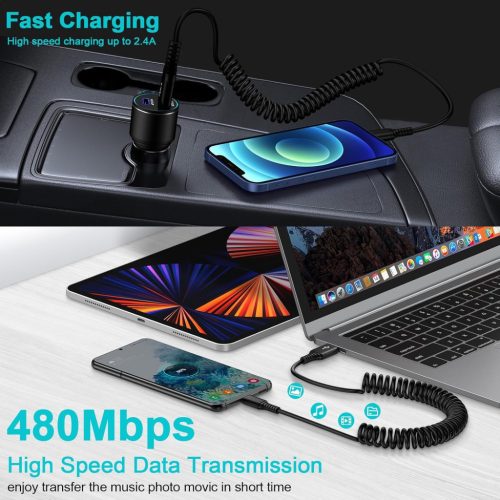 Android autós C típusú tekercskábel [0,9M+1,8M] USB A–USB C gyorstöltő kábel 